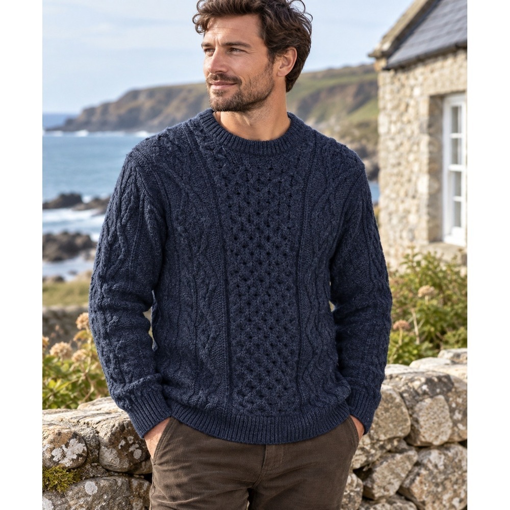Aran Woollen Mills Irish Wool Fisherman Sweater Navy Cable Knit Made Ireland